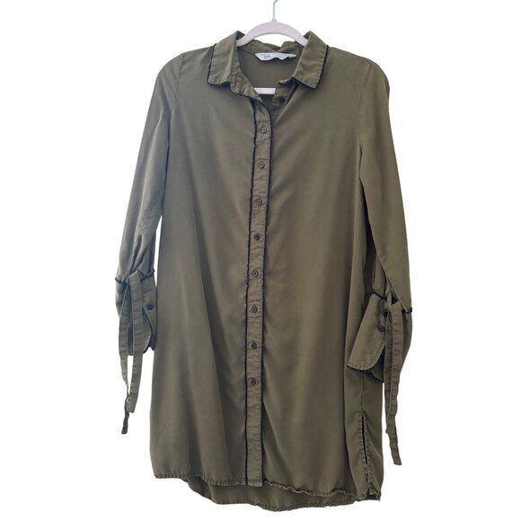 Zara Tencel Olive Button-Up Longline Shirt Dress W/ Tie Sleeve Detail S - Picture 2 of 10